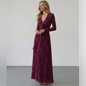 Ruffle Bow Floral Deep V Mesh Dress Purple Red